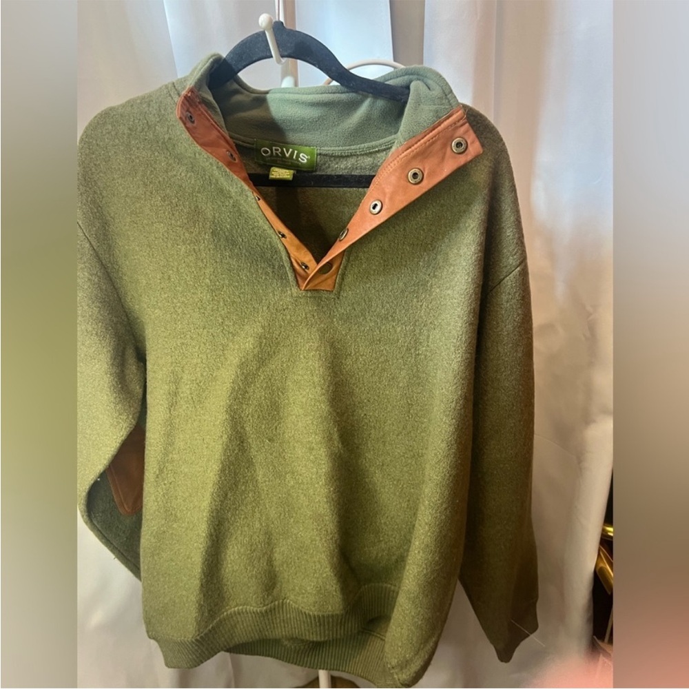 ORVIS MERINO WOOL SNAP BUTTON PULLOVER LEATHER ELBOW PATCH SWEATER Green Large